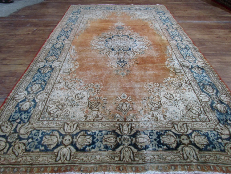 فرش وینتیج صبا دستباف ۳/۵ متری کرم نارنجی کرمان