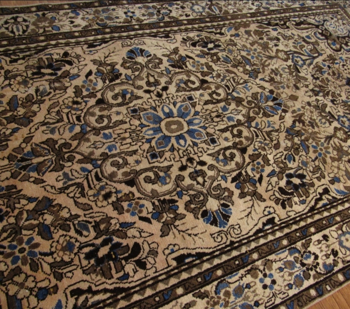 فرش دستباف صبا وینتیج ۵متری کرم نسکافه ای همدان کناره